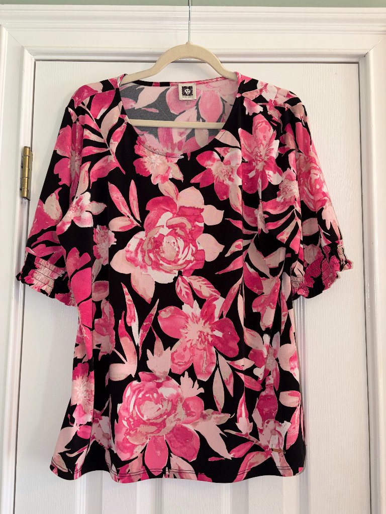 Anne Klein Large Ladies Blouse Short Sleeve Black Pink